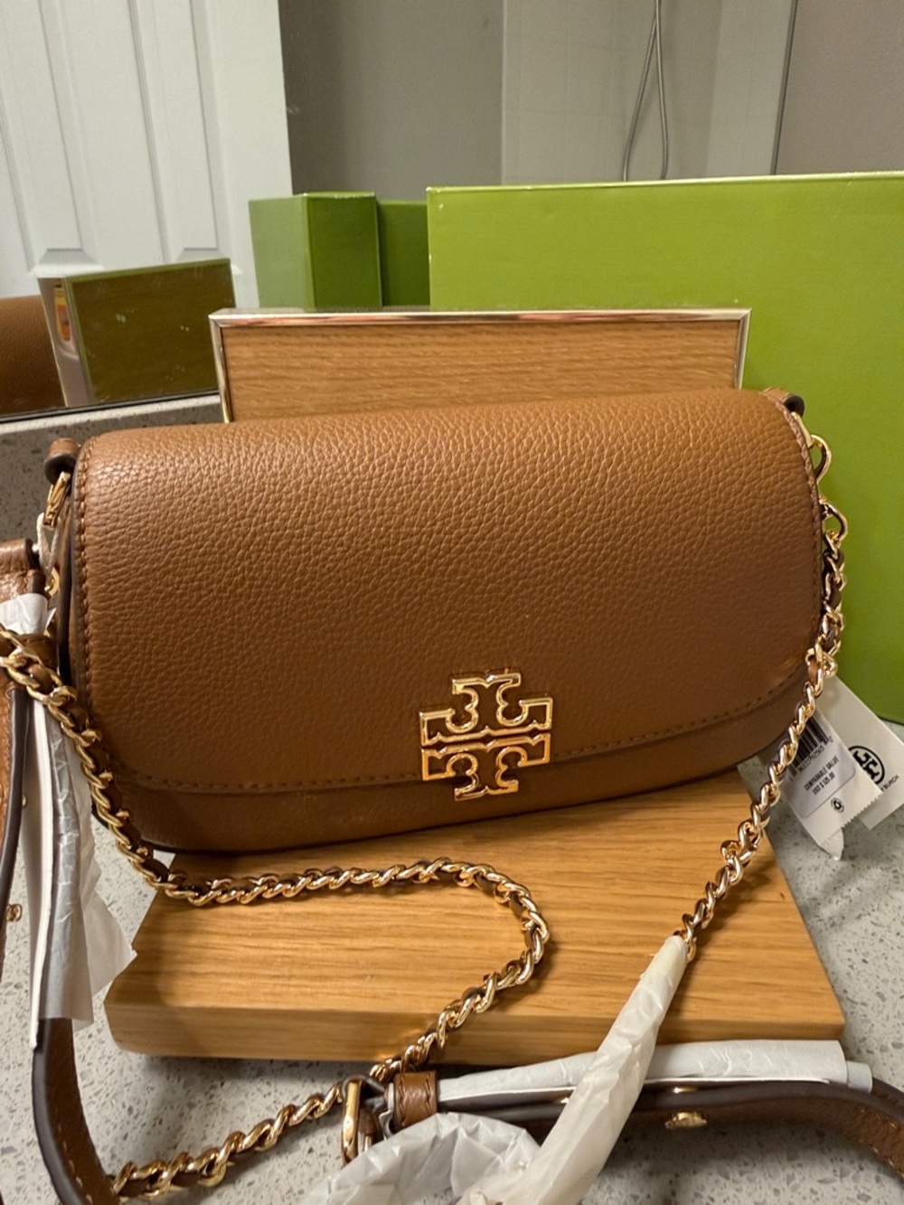 Tory Burch Tan Leather Convertible Crossbody with Gold Logo 2 adjustable straps - Picture 1 of 13